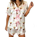 Women s Cute Pajama Set with Bow Print Lapel V Neck Short Sleeve Top and Shorts Comfortable Lounge Wear 2 Piece Set for Summer