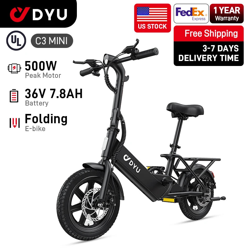【1 Year Warranty】DYU C3 14 inch Electric Bike Peak 500W Motor 280WH Battery Electric Bicycle,20mph  city E-bike UL2849