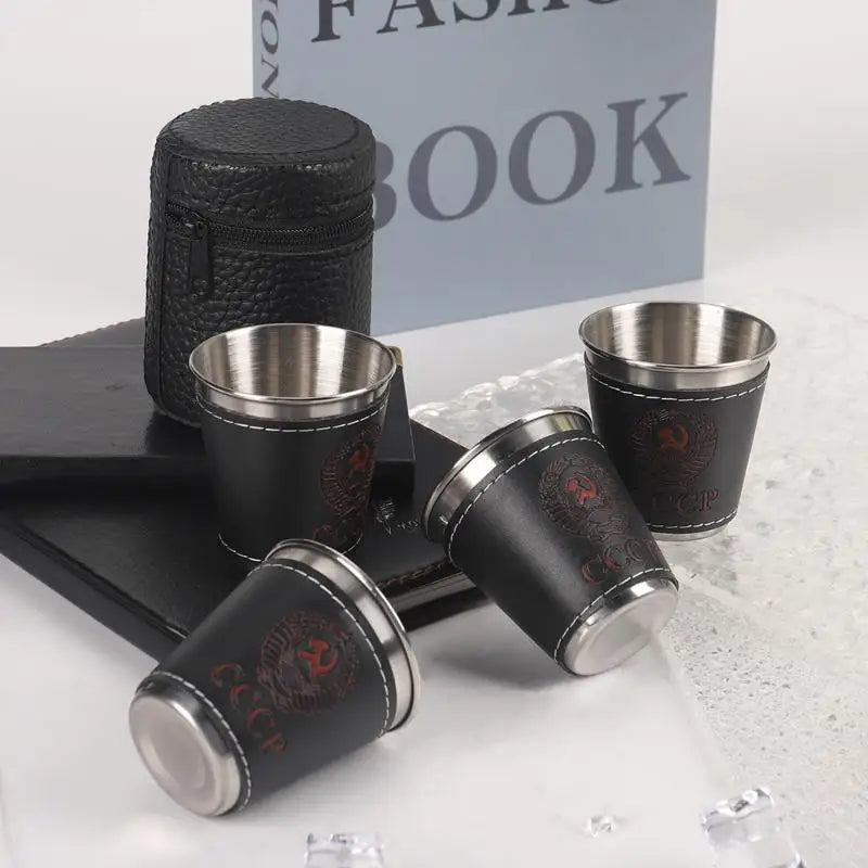 4Pcs/Set Portable Coffee Wine Beer Whisky Cup Camping Tableware Outdoor Travel Cups Stainless Steel Cup With PU Leather