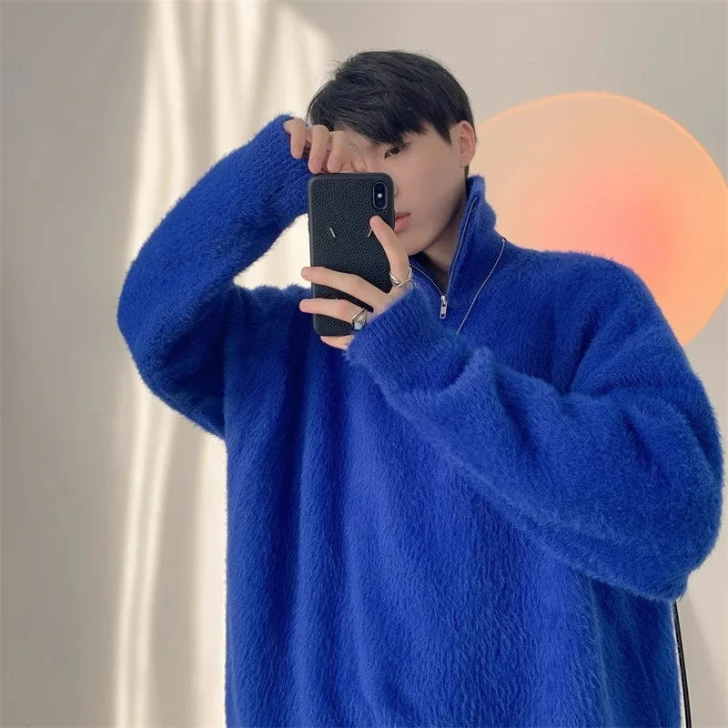 Half zip high neck sweater for men and women, loose and versatile. Knitted sweater for winter 2023, wearing a plush top on top