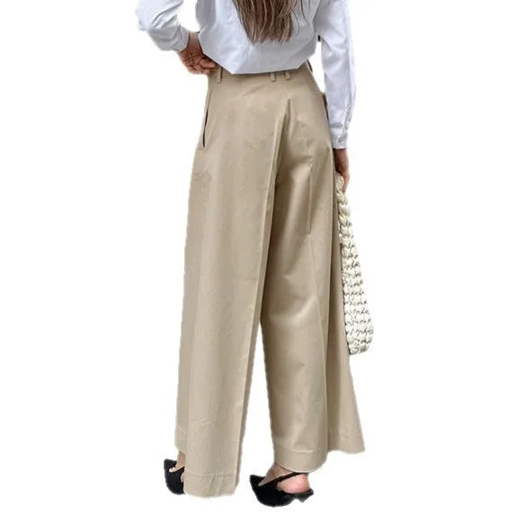 Commuting Fashion Pleated Khaki Casual Trousers for Women in Autumn 2025, with A Design Sense of Nine Inch Wide Leg Pants