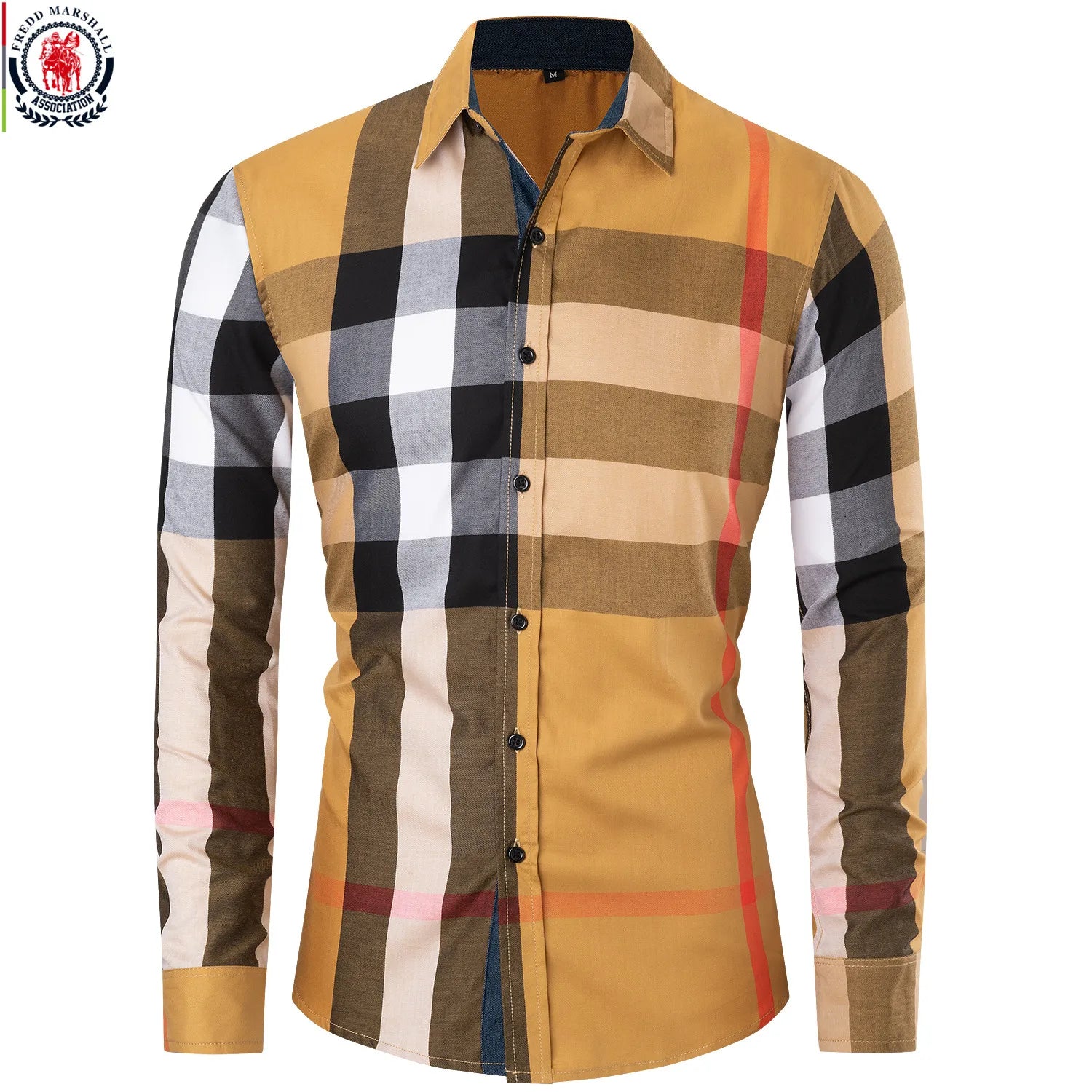 Fredd Marshall 2023 Summer New Fashion Contrast Plaid Shirt Long Sleeve Casual Business 100% Cotton Button Up Dress Shirts Tops