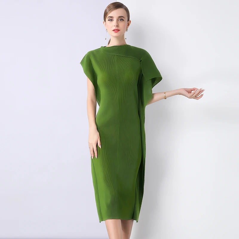 Spring Summer Pleated Casual Maxi Dress Women's High-End Elegant, Miyake Unique Design Drapey Wrinkle Texture Loose Women's 2025