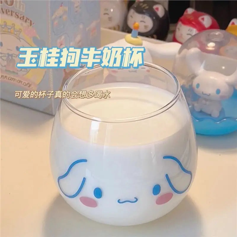 Kawaii Hello Kitty Cinnamoroll Glass Cup Cute Cartoon Girlish Heart Milk Fruit Juice High-capacity Big Bellied Cup Gifts 500ML