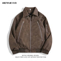 Boyue American Retro adient Leather Jaet Zipper Design Biker Jaet Cool Men's Jaet Loose Fit Long Sve Pure Color