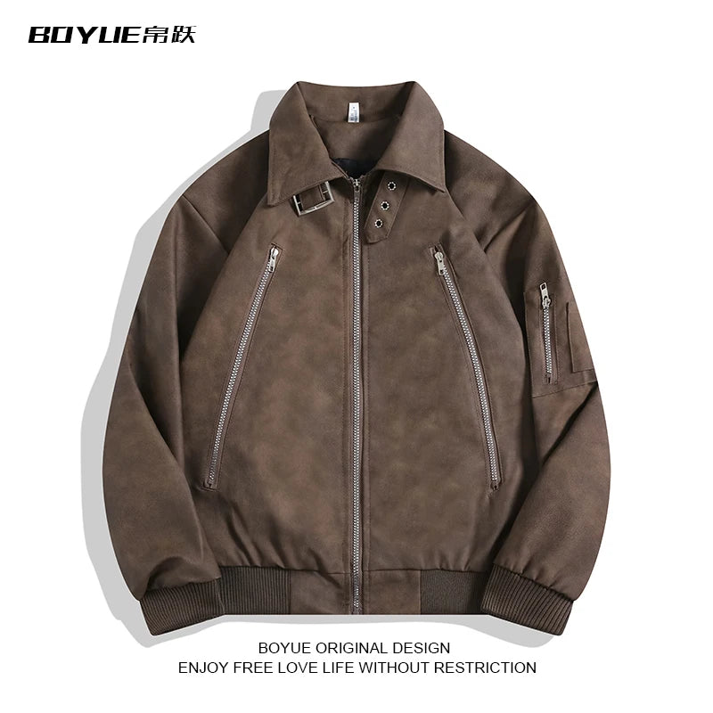 Boyue American Retro adient Leather Jaet Zipper Design Biker Jaet Cool Men's Jaet Loose Fit Long Sve Pure Color