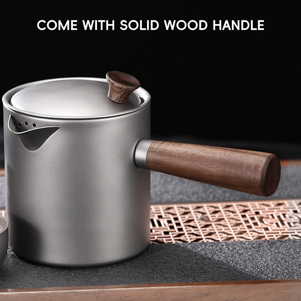 Ti Tea Kettle with Wood Handle Portable Tea Maker with Strainer for Camping Hiking