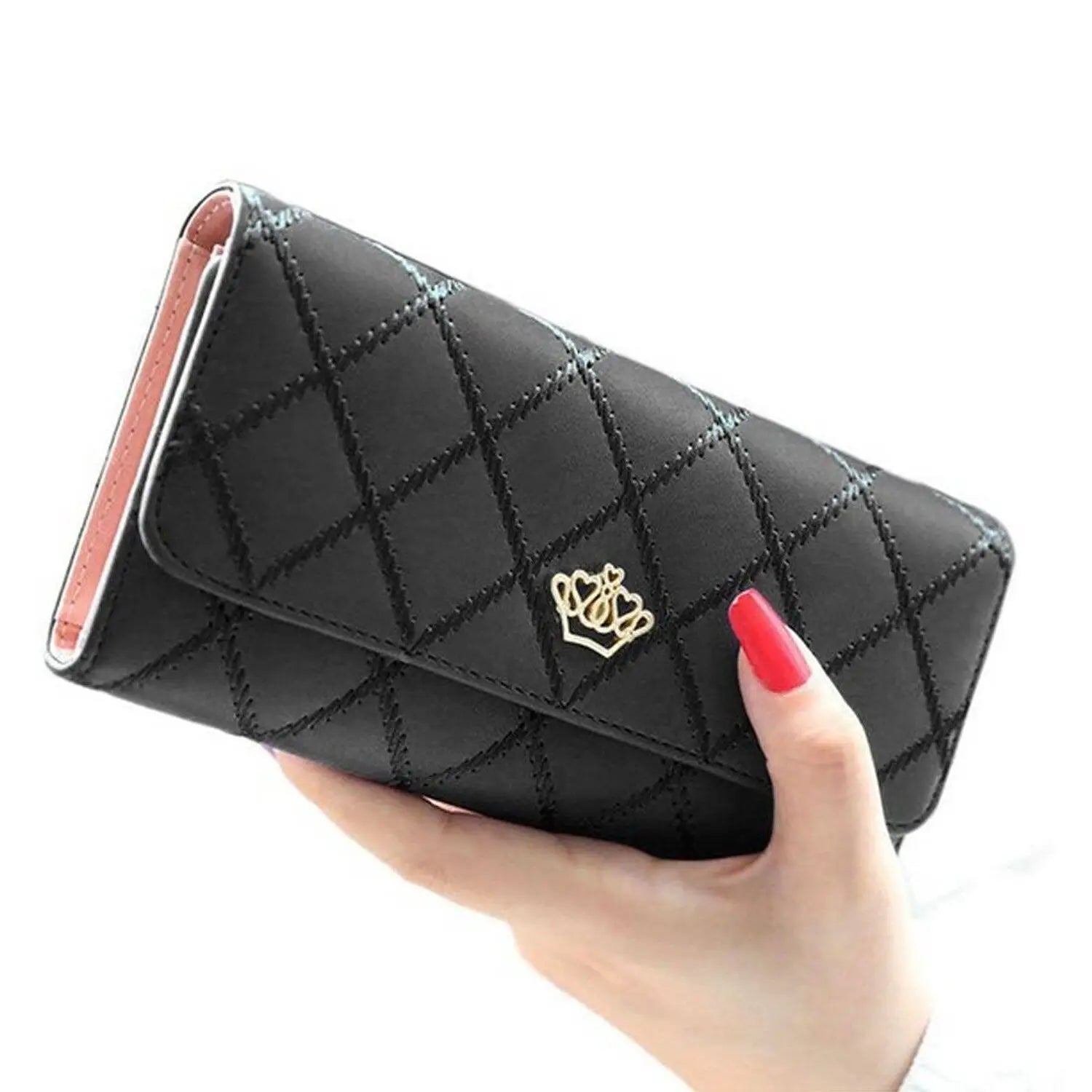 Fashion Women's Long Wallet Crown PU Leather Bifold Card Holder Money Purse Organizer Cellphone Handbag for Daily Use