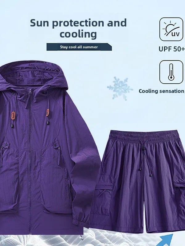 Men's Summer Thin Breathable Hat Sun Protection Suit Outdoor Fishing Climbing Function Couple Set Long Sleeve Short Pants