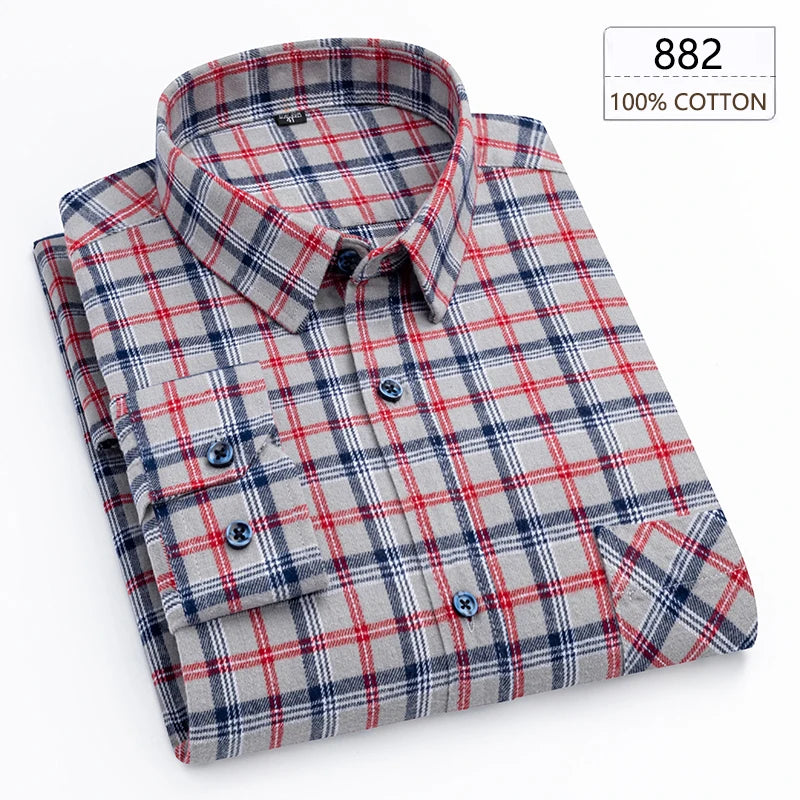 New Spring Long Sleeve Plaid Shirts For Men 100% Cotton Flannel Plus Size Easy care Confortable Top Casual Smart Dress Shirts