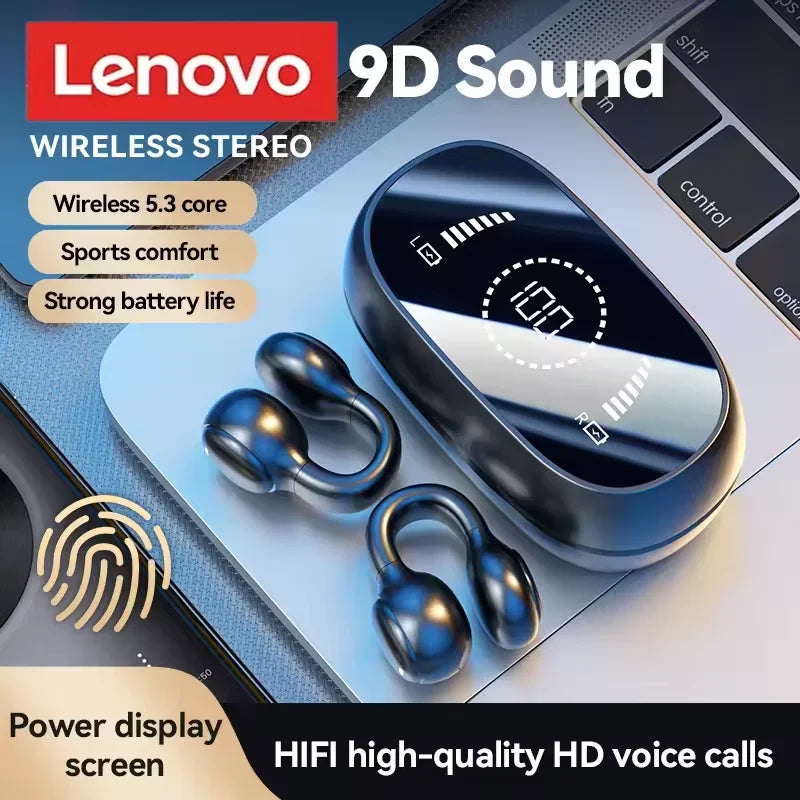 Lenovo Mirror Surface Digital Display Soft Silicone Ear Clip Wireless Bluetooth Headphones with Noise Reduction for Sports