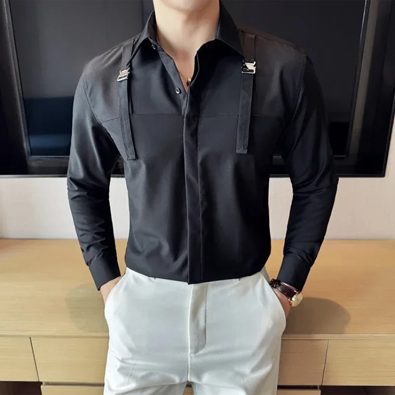 Gentleman Strap Decoration Shirt Men Long Sleeved Casual Business Dress Shirts Social Party Tuxedo Blouse Men Clothing