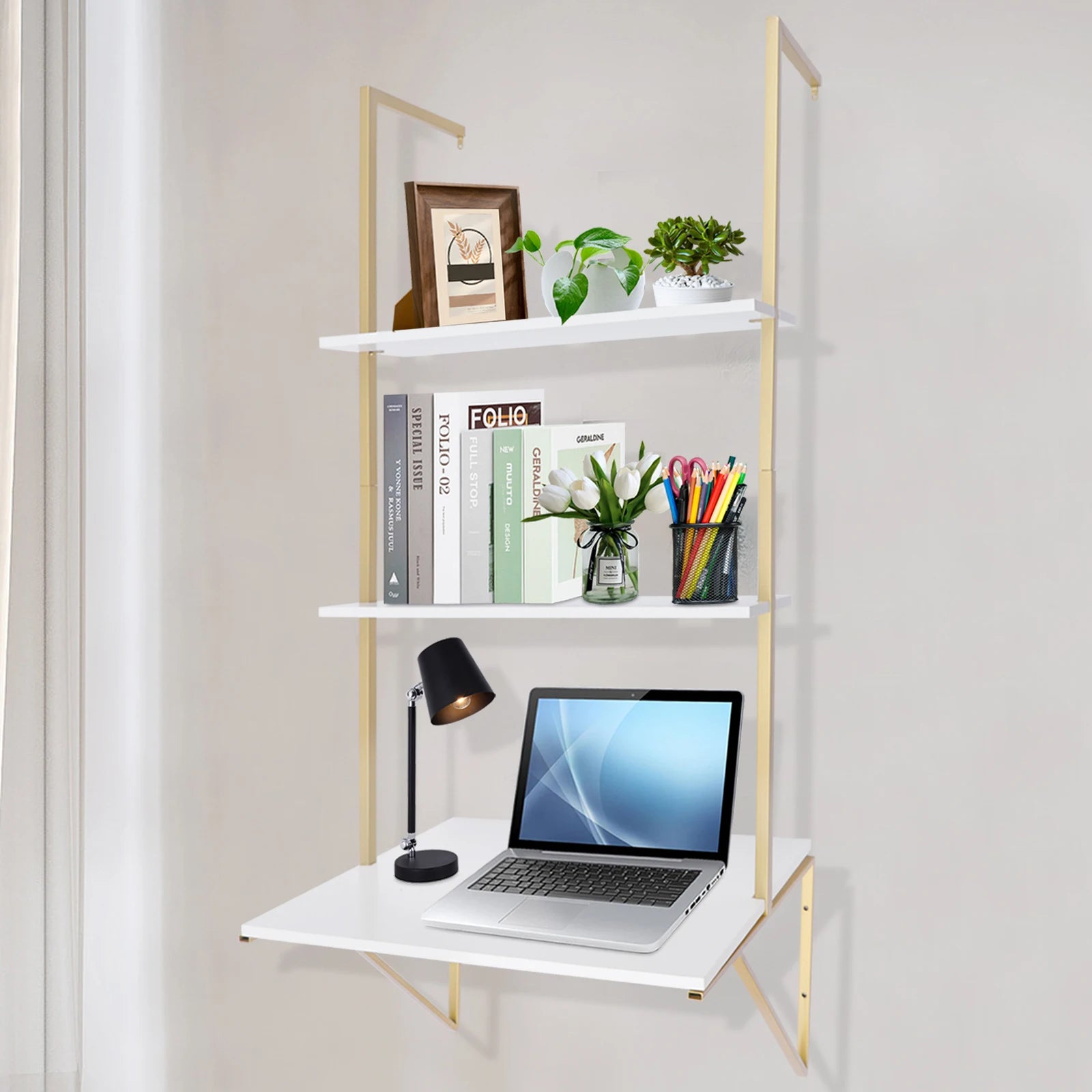 CNCEST 3 Tier Standing Desks Ladder Desk Wall Mounted Shelf Floating Shelves Bookshelf Decorative Hanging Display