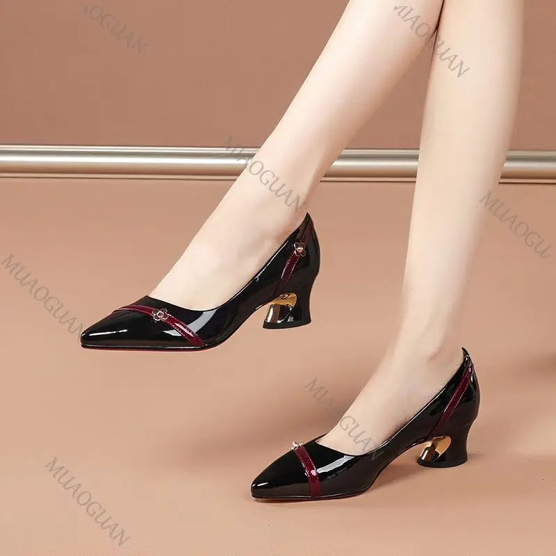 Women Pumps Spring Autumn Soft Leather Thick Middle Heel Shoes for Women Professional Shallow Mouth Pointed Toe Women's Shoes