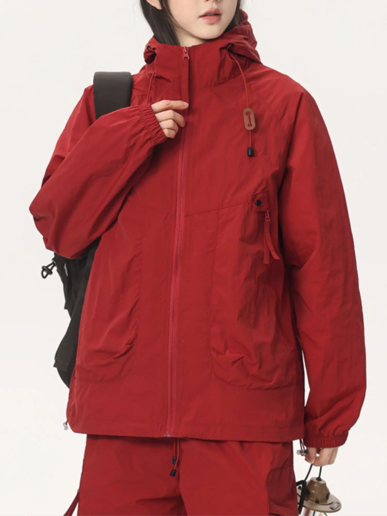 Women's Summer Lightweight Hooded Thin Big Pockets Jacket for Outdoor Biking Sun Protection Windbreaker Adjustable Drawstring