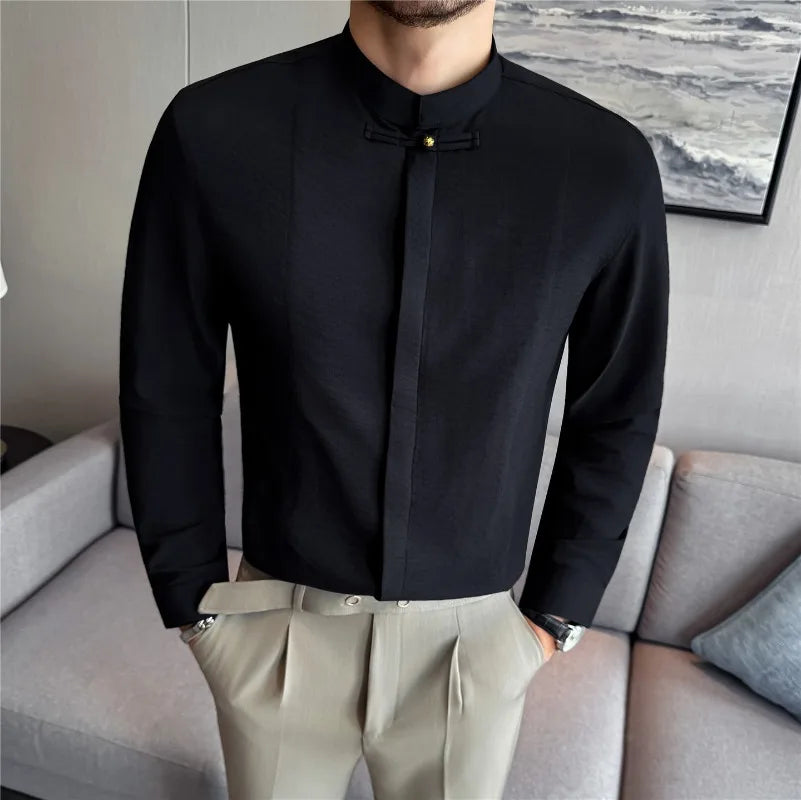 Chinese Style Stand Collar Men Shirt Hidden Button Solid Casual Slim Fit Long Sleeved Dress Shirts High Quality Men Clothing