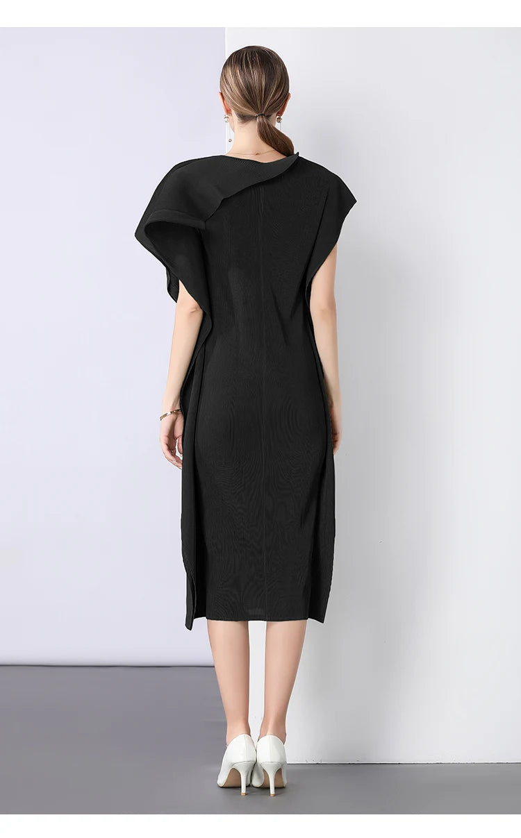 Spring Summer Pleated Casual Maxi Dress Women's High-End Elegant, Miyake Unique Design Drapey Wrinkle Texture Loose Women's 2025