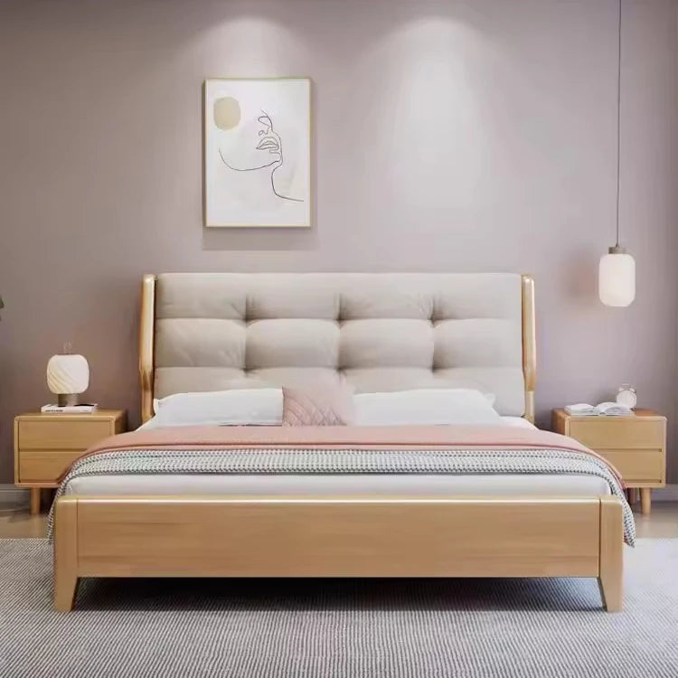 Home Furniture Bedroom Heavy Duty Wood Platform Dormitory Bed with Wood Headboard, Modern Double Bed Frame