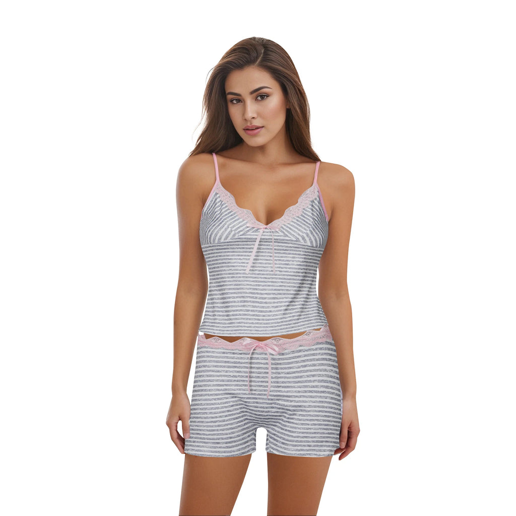 Elegant Striped Pajama Set with Lace Trim V Neck Spaghetti Strap Top Low Rise Mini Shorts - 2 Piece Sleepwear Ensemble for
