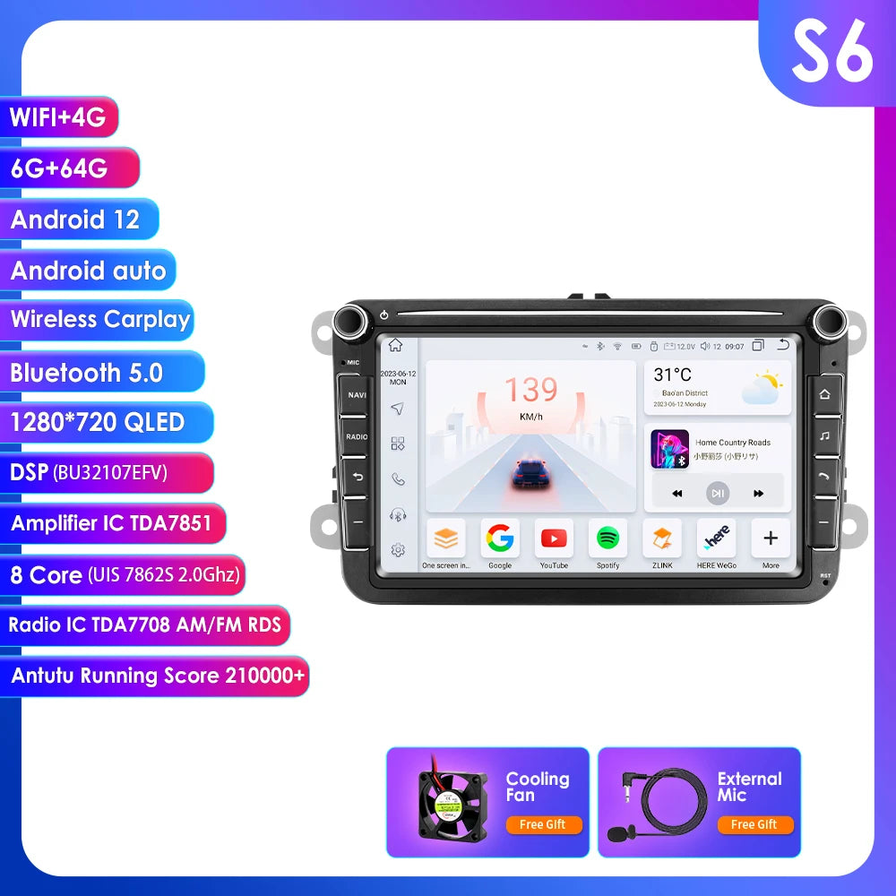 Hizpo 2Din 8'' Carplay 4G AI Systems Android 14 Car Radio forVolkswagen Golf 5 6 Polo Passat B6 B7 CC Skoda Jetta  Autoradio
