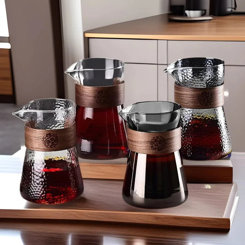 2pcs Set Coffee Carafe,Glass Coffee Server Carafe Pot, Pour Over Coffee Maker Decanter Pitcher with Heat-Resistant Wood Ring 
