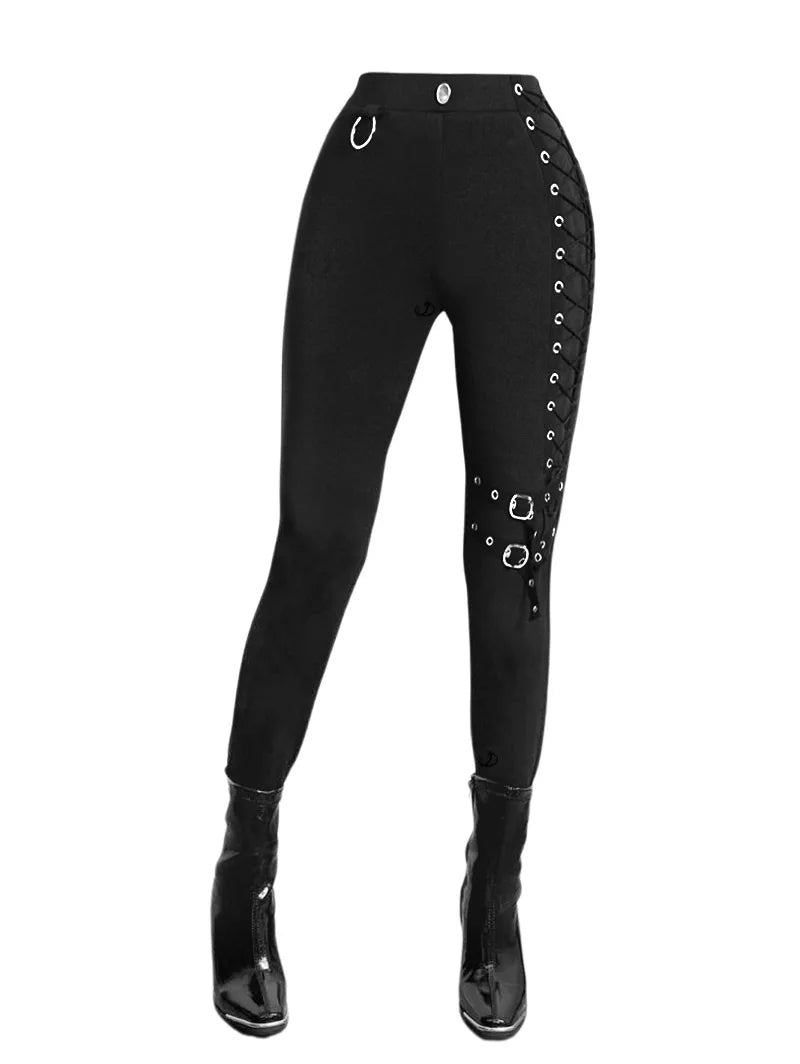 Dressfo New Women's Pants Solid Color Grommet Buckle Lace Up Pants Elastic Waist Punk Skinny Pants