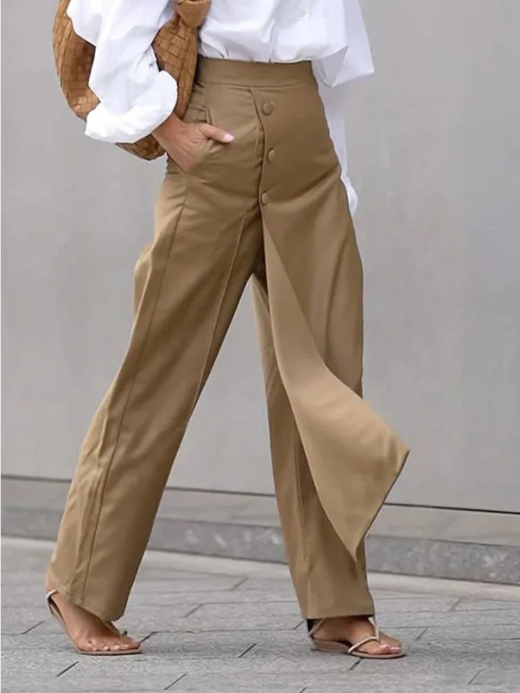Women's Khaki High Waist Pants Trendy Office Lady Wide-leg Trousers with Pockets Workwear Casual Bottoms Woman Clothes 114559