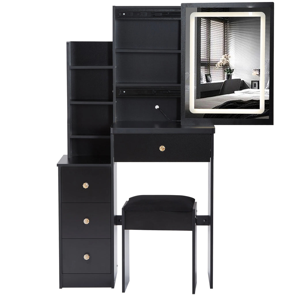 Cabinet Vanity Table Cushioned Stool Touch Control Sliding LED Mirror Tri-color Switching Brightness Adjust Multi Layer