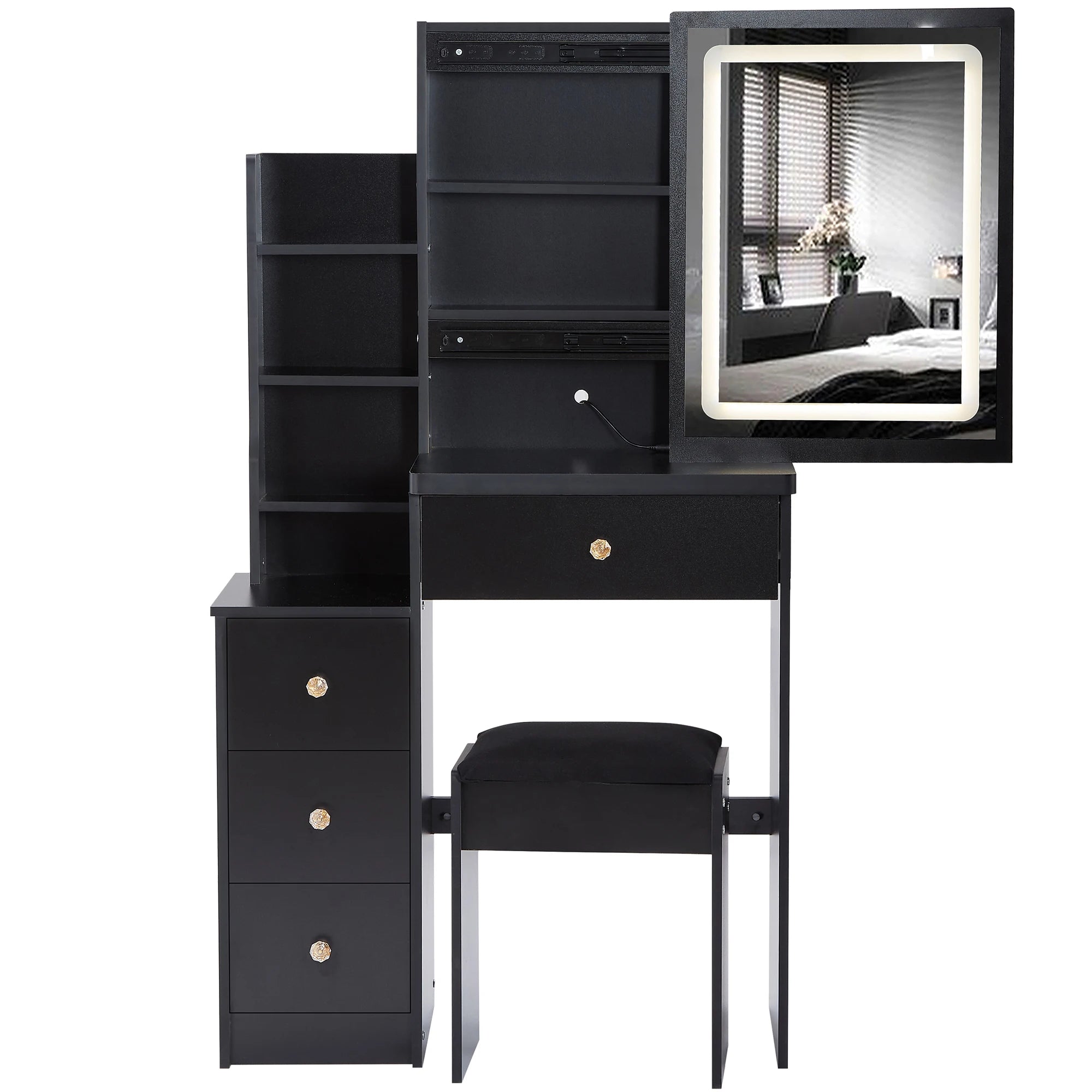 Cabinet Vanity Table Cushioned Stool Touch Control Sliding LED Mirror Tri-color Switching Brightness Adjust Multi Layer