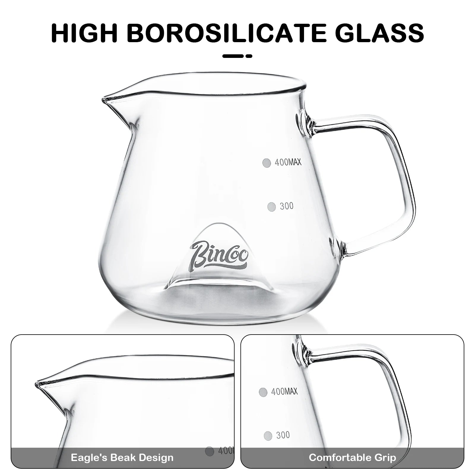 Bincoo 400ML Clear Glass Coffee Carafe Heat Resistant Visual Brewing Control Easy Sharing Pour over Coffee Maker