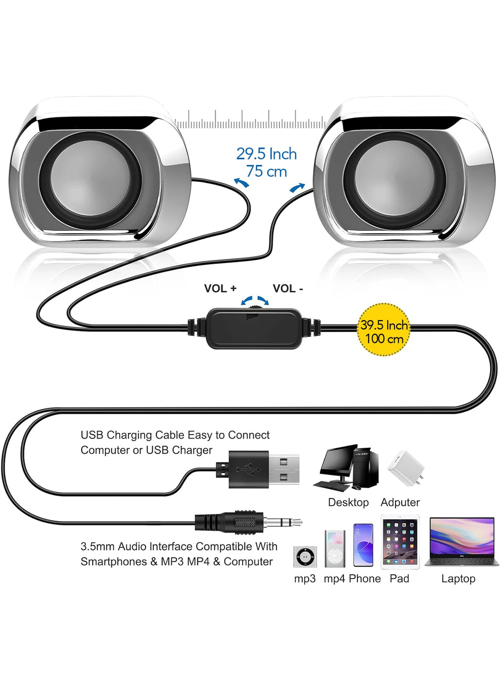 Computer Speaker - Compact and Delicate Laptop Speakers with Volume Control and 3.5 Mm Audio Plug, USB-Powered Desktop Speaker