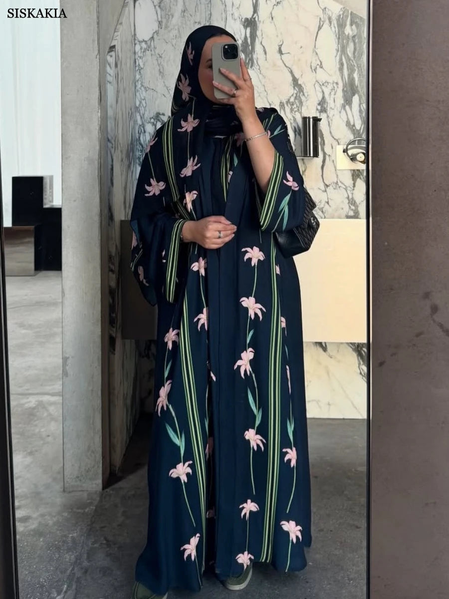 Siskakia Muslim Elegant Floral Print Women Open Abaya Mesh Hijab included Long Sleeve Kaftans