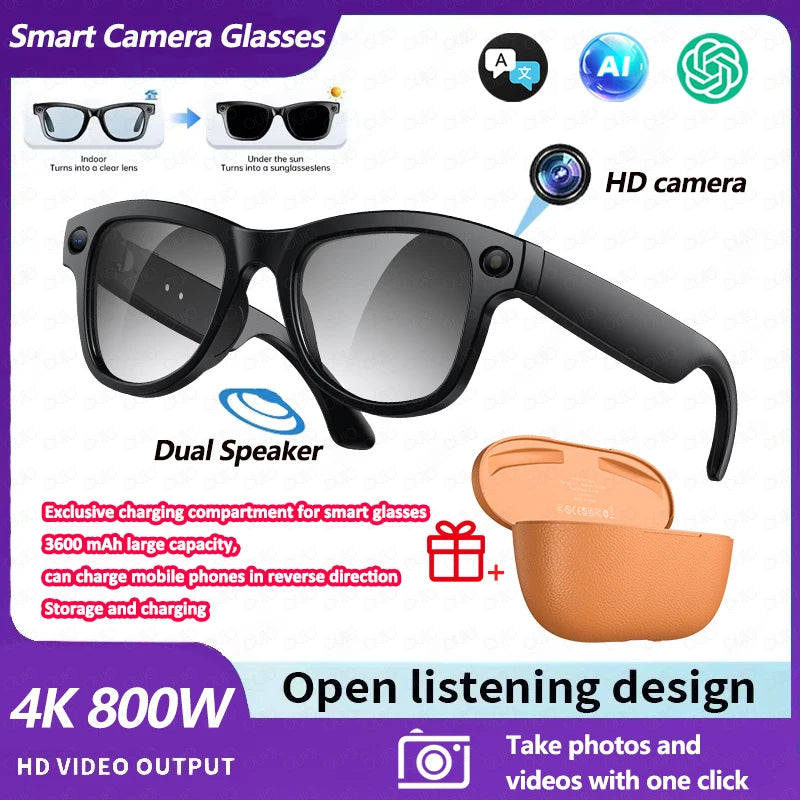 AI Smart Glasses 800W Pixel Camera Translation AI Voice Anti-Shake Video Record Dual Speaker Charging Case BT Call Smart Glasses