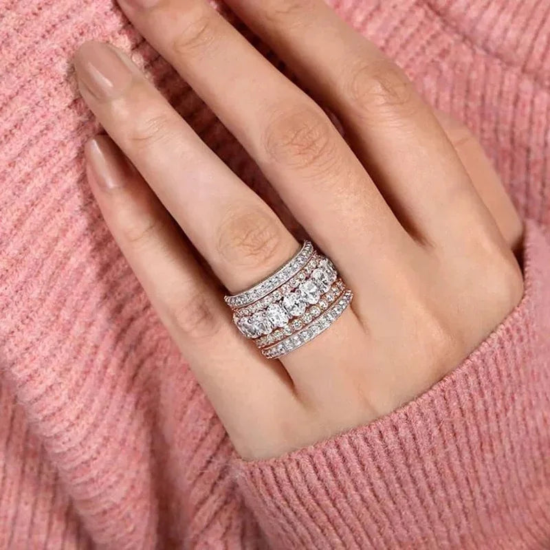 Huitan Luxury Two-Tone Wide Rings for Women Full Brilliant Cubic Zirconia Exquisite Superb Party Jewelry Trendy Chic Accessories - Free Item
