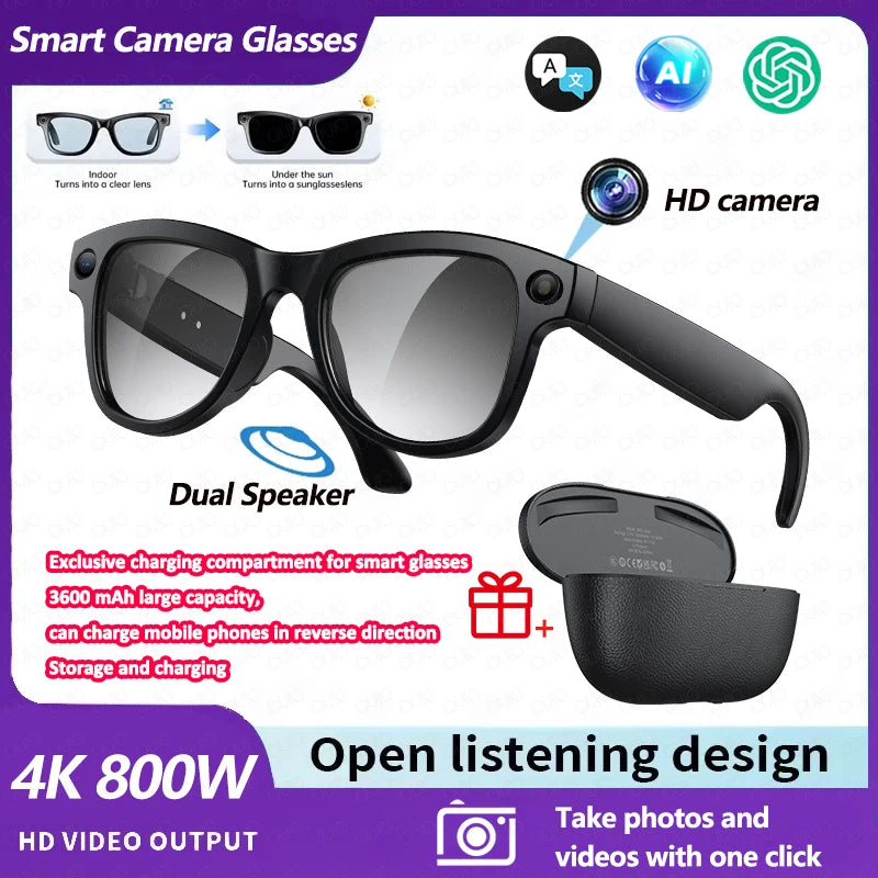 AI Smart Glasses 800W Pixel Camera Translation AI Voice Anti-Shake Video Record Dual Speaker Charging Case BT Call Smart Glasses