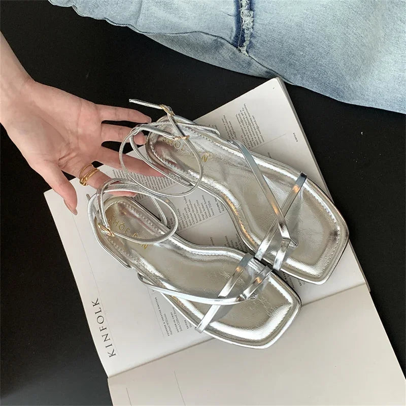 Summer Gladiator Women Sandals Fashion Elegant Narrow Band Clip Toe Shoes Ladies Comfort Flats Beach Sandalias