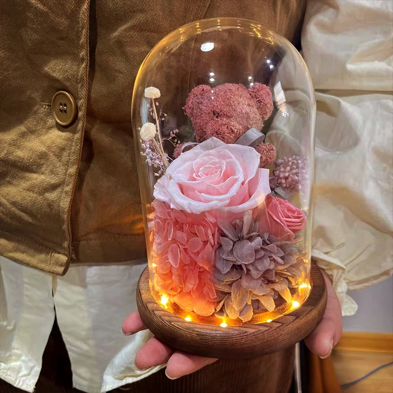 Valentine's Day Gift for Girlfriend Eternal Preserved Rose Flower Gift Box Teddy Bear Eternal Flower with Lights Gift for Women