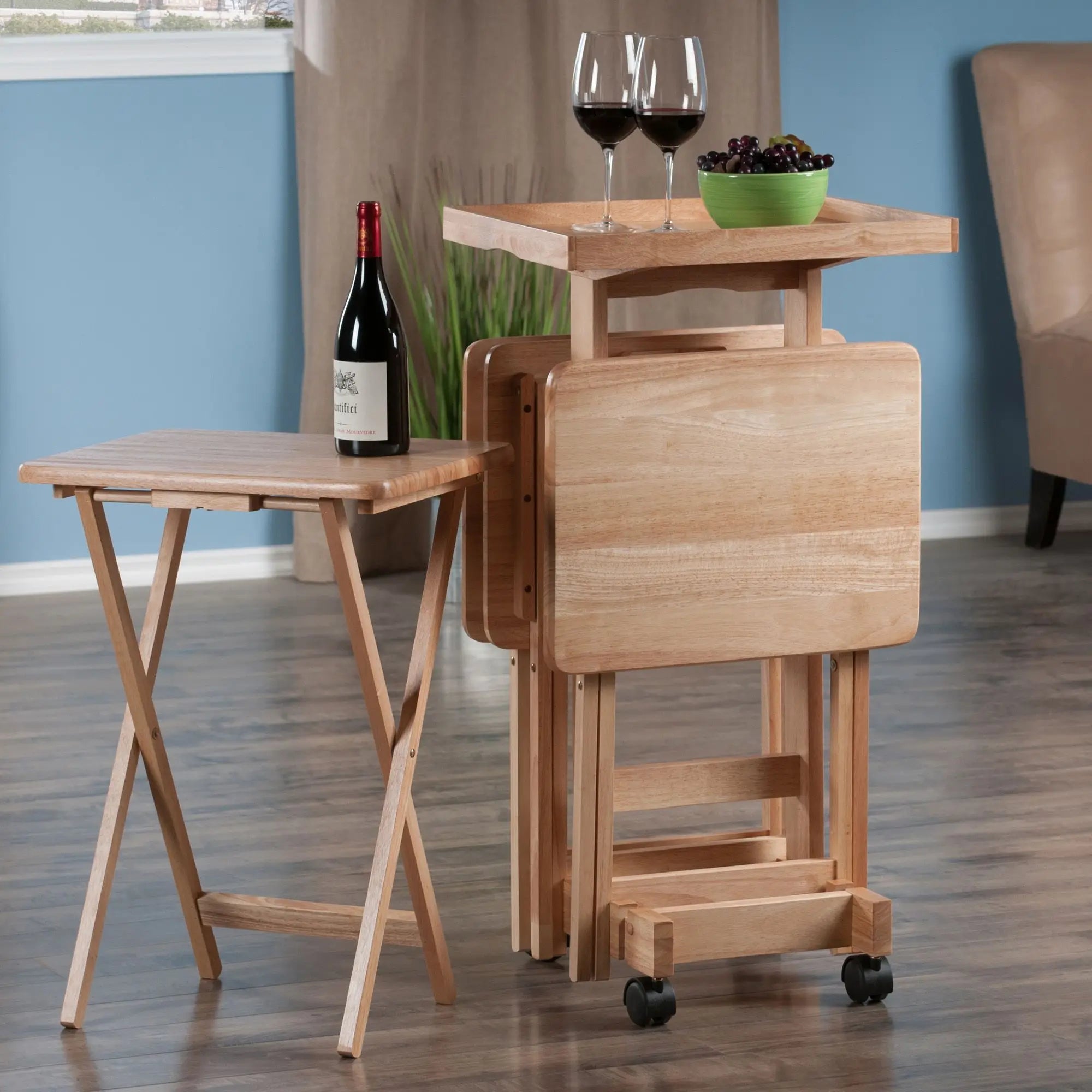 Naturel Outdoor Folding Snack Table Set Solid Wood Patio Furniture Minimalist Design Modern Style 6-Pc Set