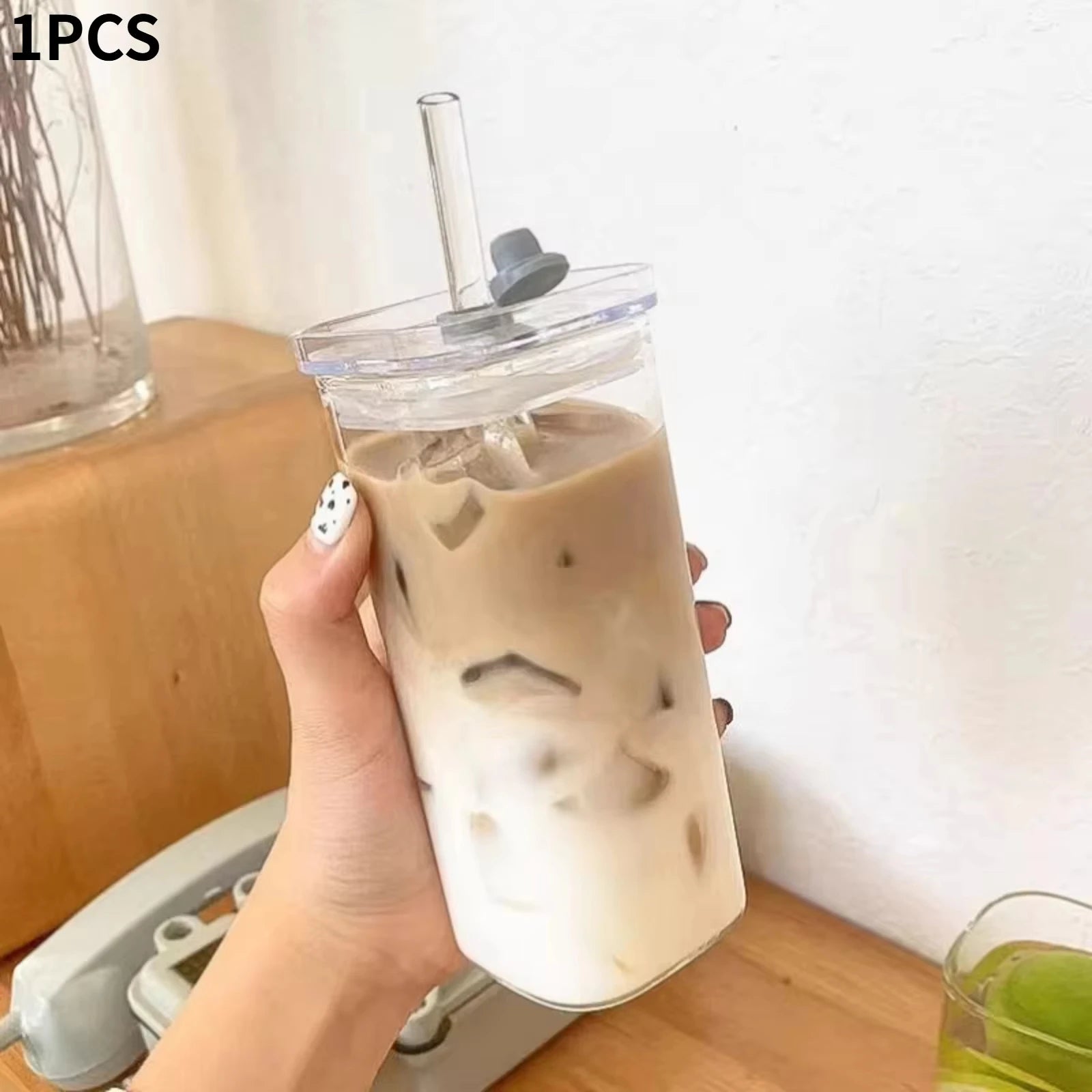 400ML Square Heat-Resistant Glass Coffee Cup with Lid and Straw, Transparent Milk Tea Juice Cup, Home Bar Drinkware