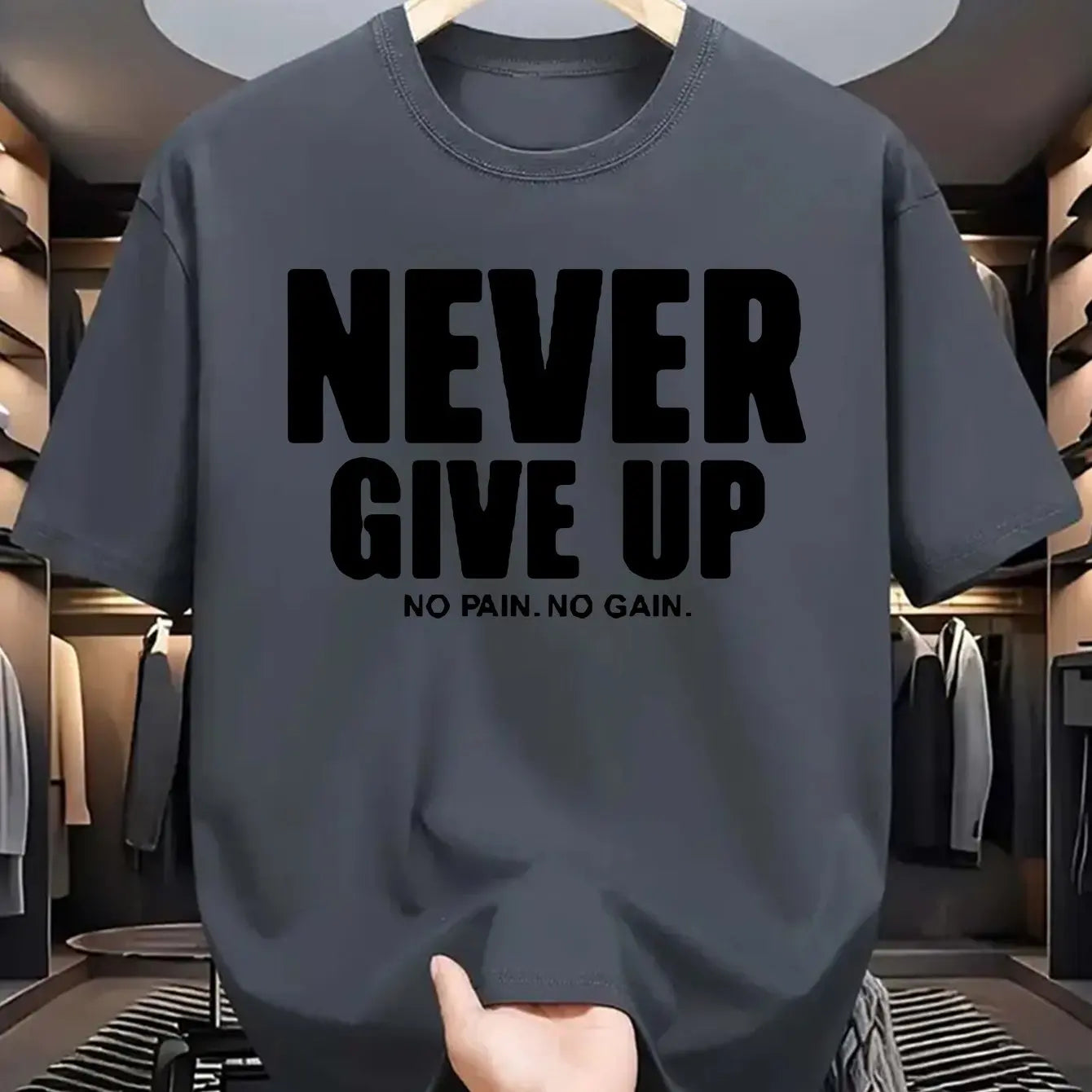 Men's 100% pure cotton fashionable casual loose sports never give up letter pattern printed round neck short sleeved T-shirt top
