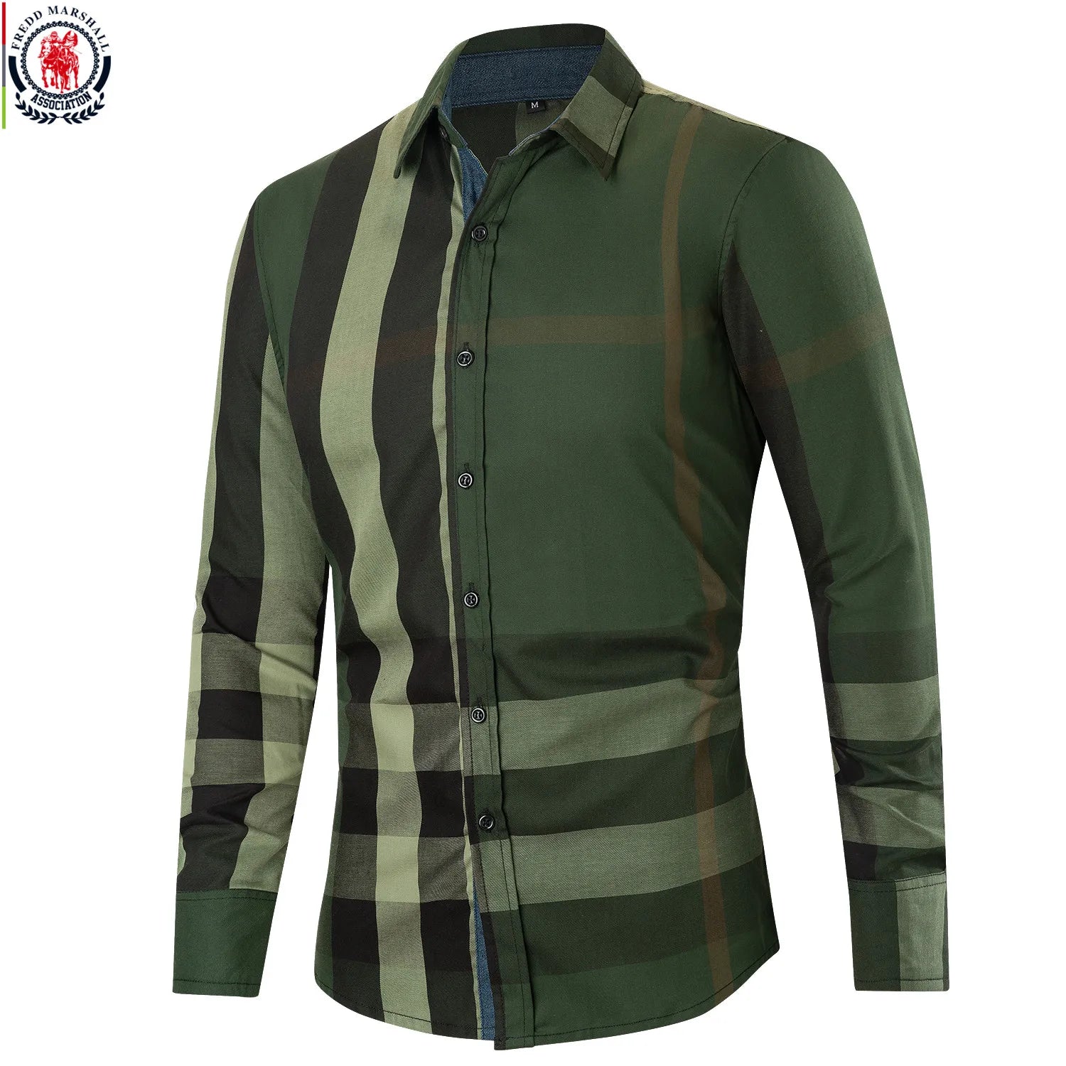 Fredd Marshall 2023 Summer New Fashion Contrast Plaid Shirt Long Sleeve Casual Business 100% Cotton Button Up Dress Shirts Tops