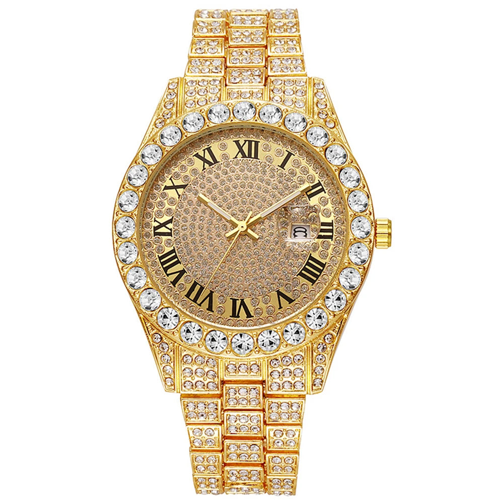 Hip Hop Luxury Men Calendar Watch Stainless Steel Gold Color Iced Out Paved Rhinestones Wristwatch Reloj Hombre