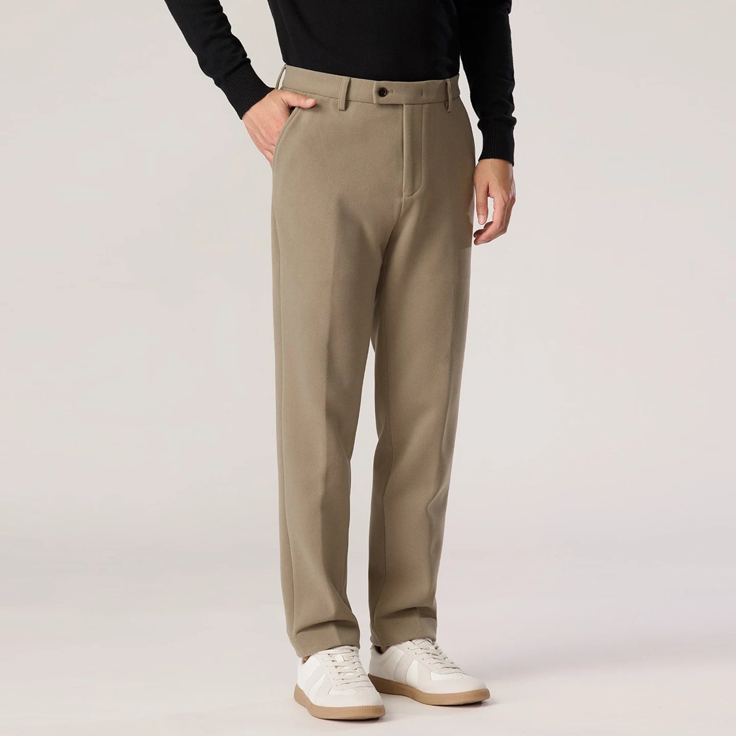 Autumn and Winter Khaki Woolen Trousers for Men, Business Casual, Warm, Casual Straight-Leg Pants