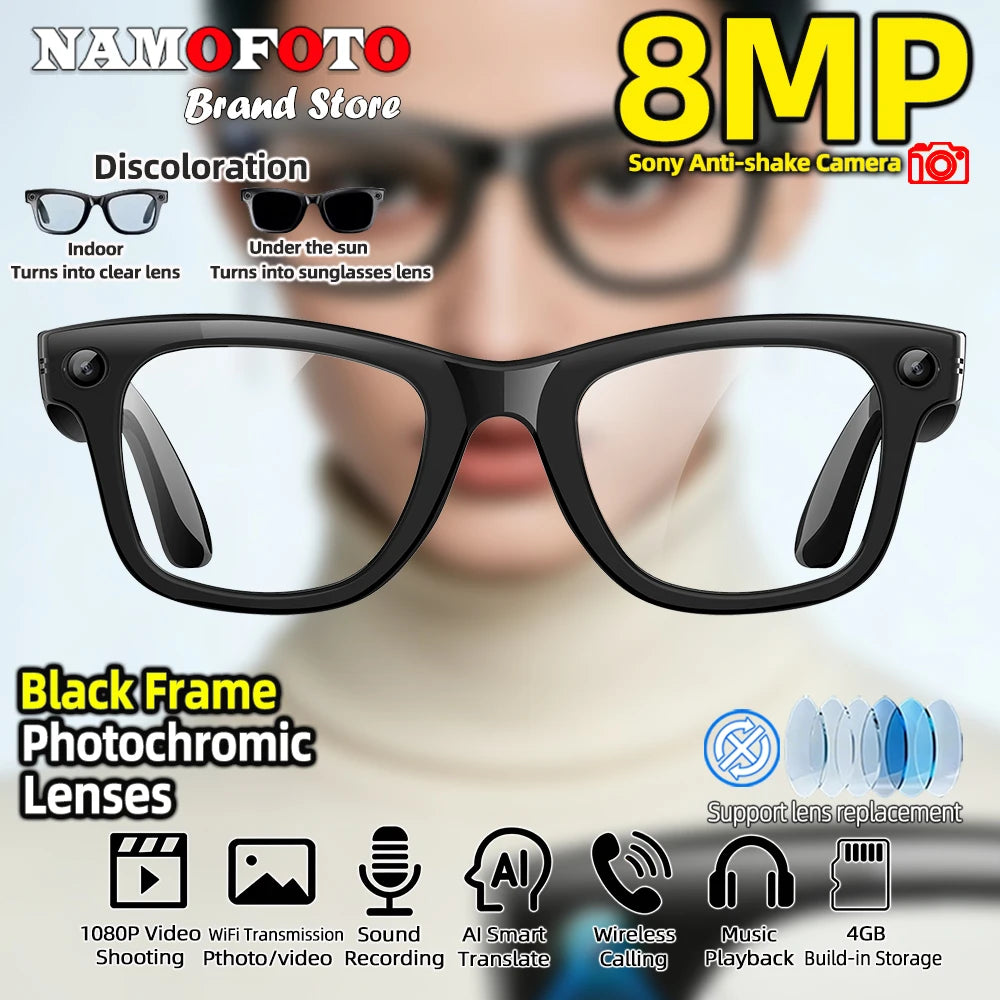 2026 New AI Smart Glasses with 8MP Camera 1080P Video Record 4GB Men Women SI Real-time Translation BT Call Music Play Lenses