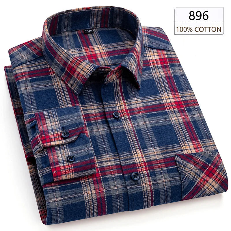 New Spring Long Sleeve Plaid Shirts For Men 100% Cotton Flannel Plus Size Easy care Confortable Top Casual Smart Dress Shirts