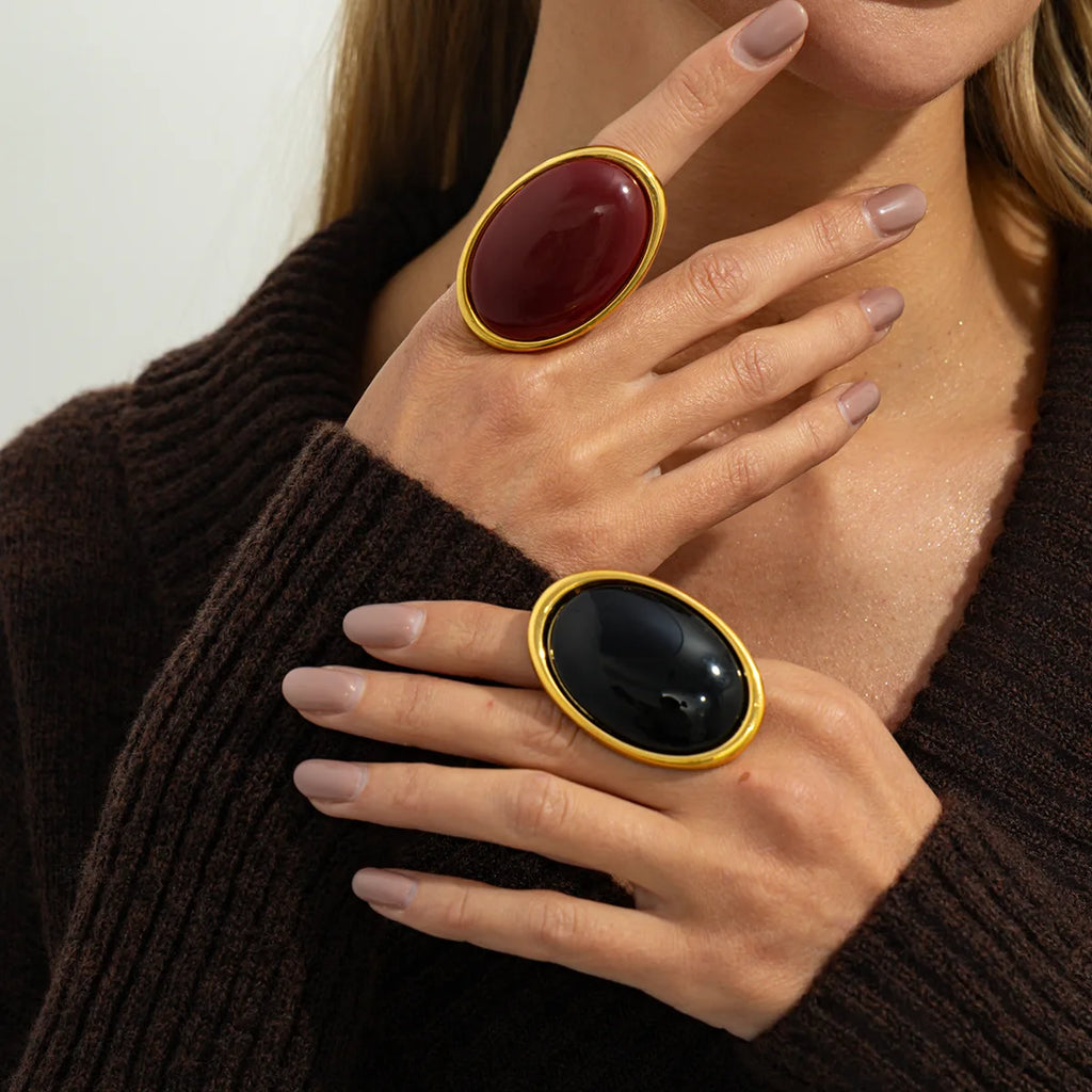 Classic Simple Geometry Red Oval Resin Finger Ring Women Vintage Elegant Rings Charm Party Accessories Jewelry Gift
