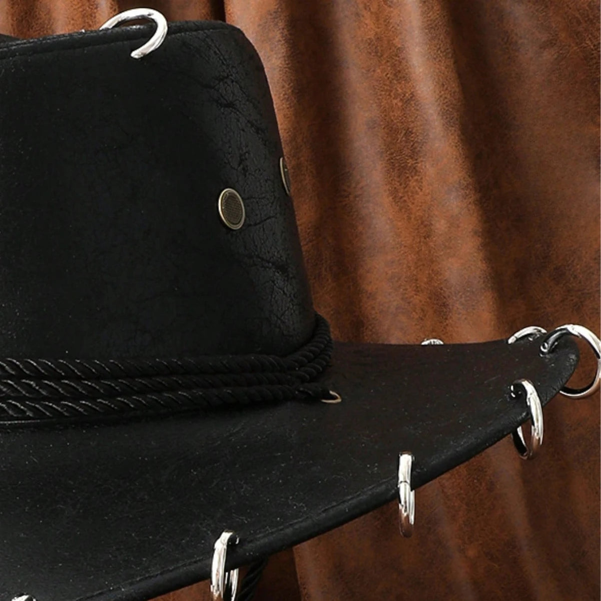 HongLuan Black Cowboy Adjustable Hat PU Leather for Man Travel Western Fashion Cowgirl with Bullhead Badge Outdoor Hats Woman