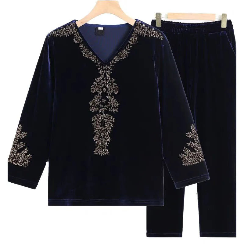 6XL 7XL Mom's Gold Velvet Sets Spring Autumn Large Size V-nevk  Hot Diamond Tops Pants 2 Piece Suit Elderly Women Velvet Outfit