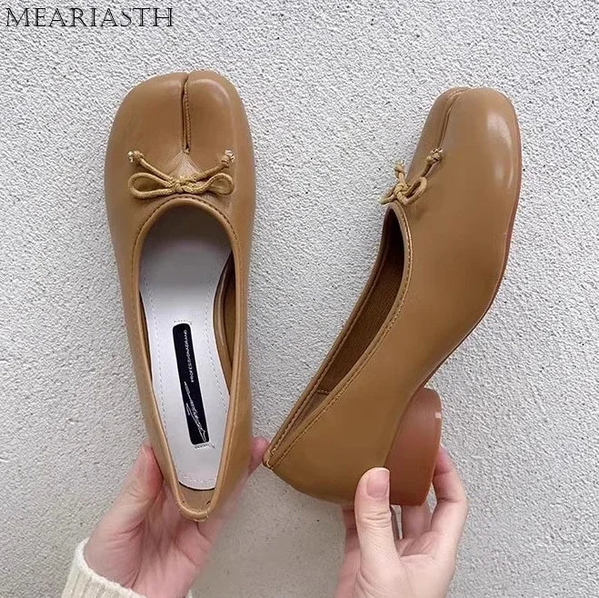 Tabi Shoes Ballet Falts Leather Ballerina Shoes For Women Split Toe Flats Tabi Shoes Slip On Soft Bottom Moccasins with Bowress