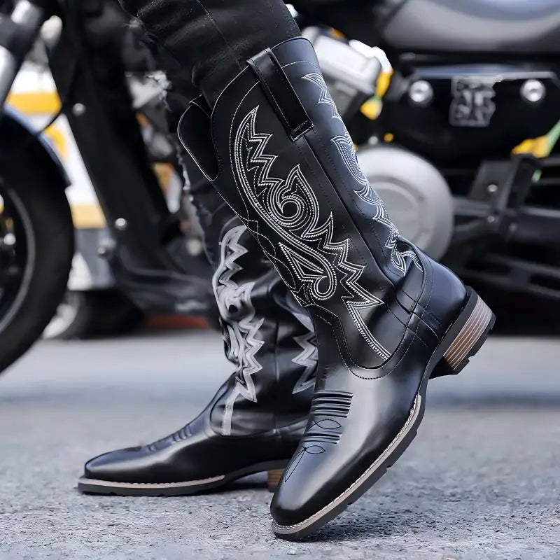 Men High Top Boots PU Low Heel Fashionable Retro Embroidery Classic Western Denim Men Boots